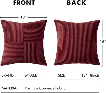Christmas Burgundy Corduroy Pillow Covers Pack of 2 Boho Decorative Spliced Throw Pillow Covers Soft Solid Couch Pillowcases Cross Patchwork Cushion Covers for Living Room Bed Sofa 18X18 Inch