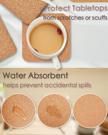 Cork Coasters for Drinks, 8 Pcs Square Extra Thick Absorbent Cork Coaster Sets, round Edge Drink Coaster, Cup Coasters for Kinds of Cups, Housewarming Gifts, Home Decor, 4 X 4 Inches
