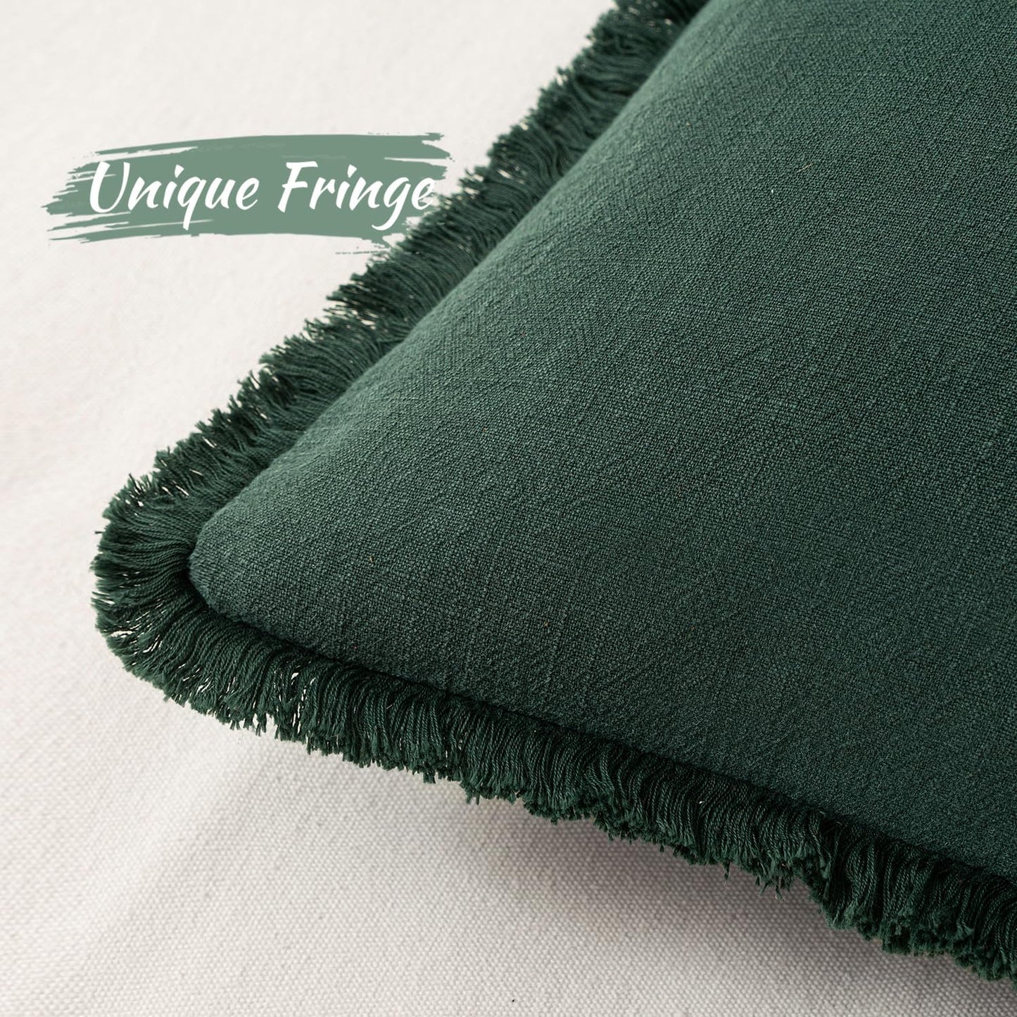 Linen Pillow Covers 18X18 Inch Dark Green Decorative Throw Pillows with Fringe Pack of 4 Soft Farmhouse Boho Couch Pillows Home Decors for Sofa Cushion Living Room Bed