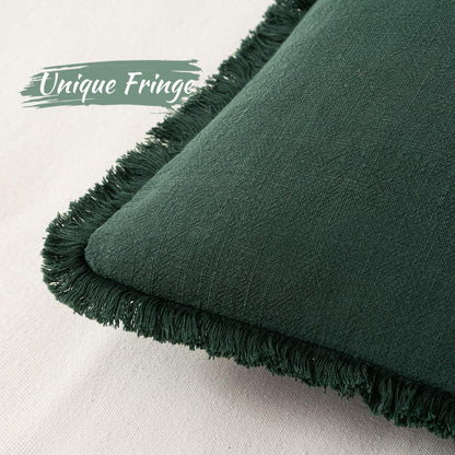 Linen Pillow Covers 18X18 Inch Dark Green Decorative Throw Pillows with Fringe Pack of 4 Soft Farmhouse Boho Couch Pillows Home Decors for Sofa Cushion Living Room Bed