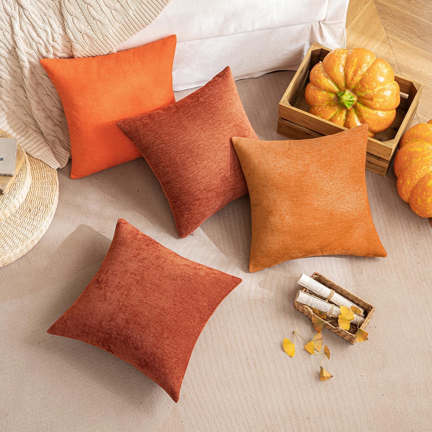 Set of 2 18x18 Inch Burnt Orange Chenille Decorative Pillow Covers for Autumn Home Decor, Ideal for Sofa and Bedroom Living Spaces