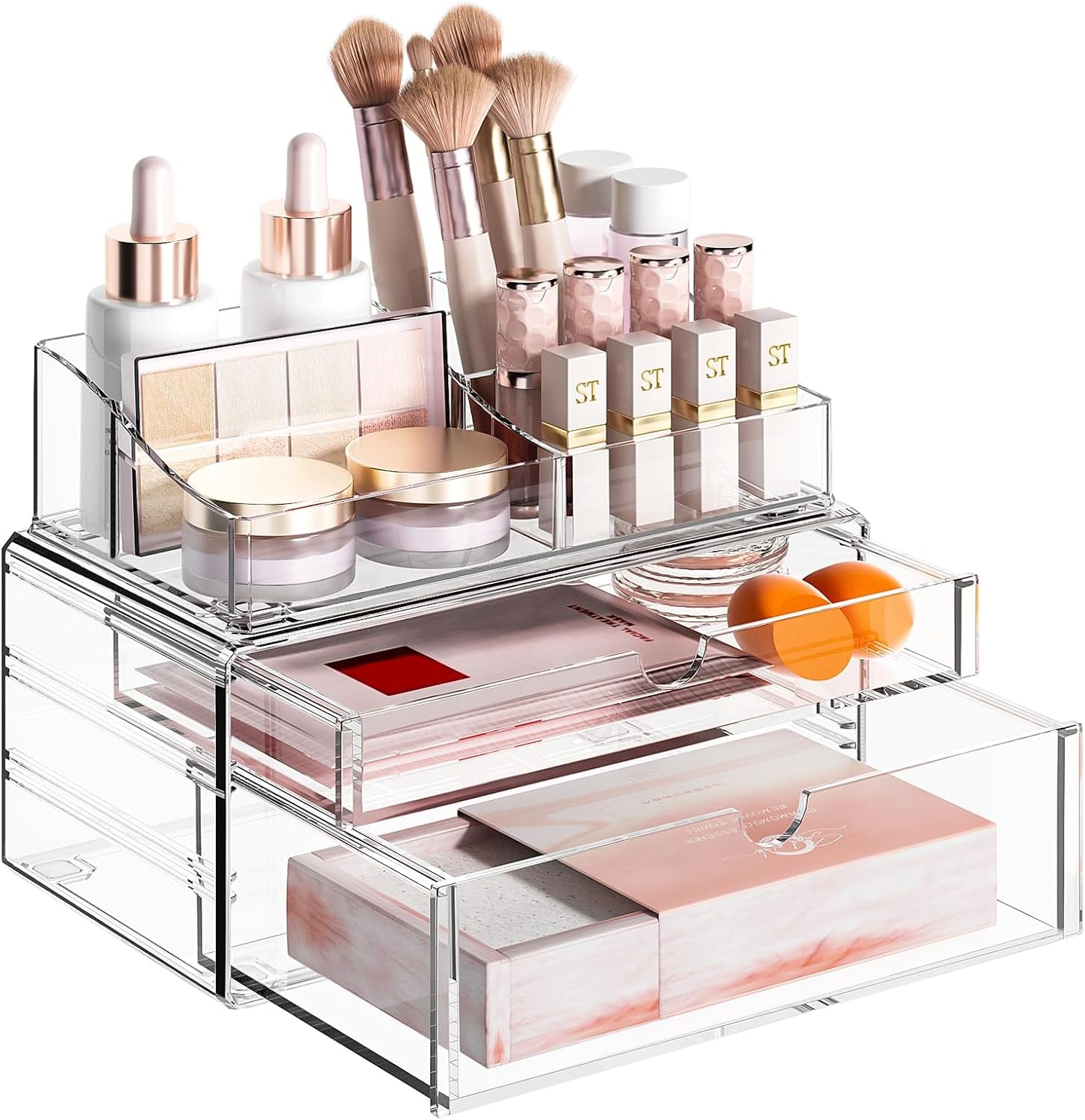 3-Tier Clear Makeup Organizer with Drawer, Acrylic Cosmetic Display Case for Makeup Vanity Bathroom Counter Organizers and Storage, Stackable Vanity Organizer for Brushes Lipsticks Skincare