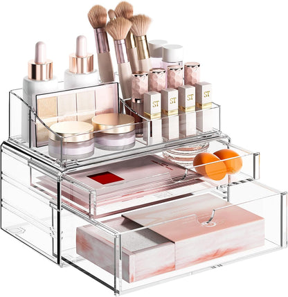 3-Tier Clear Makeup Organizer with Drawer, Acrylic Cosmetic Display Case for Makeup Vanity Bathroom Counter Organizers and Storage, Stackable Vanity Organizer for Brushes Lipsticks Skincare