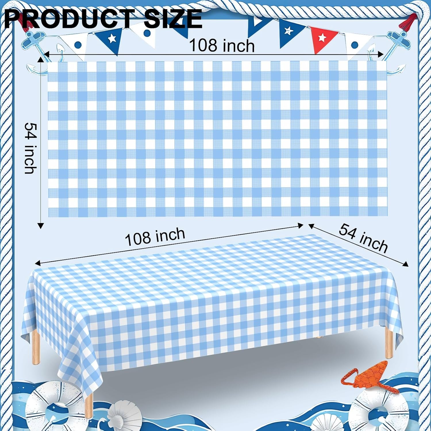 2 Pack Light Blue Gingham Rectangular Plastic Tablecloths, Blue and White Checkered Disposable Table Covers 54" X 108" for Birthday, Wedding, Bridal Shower, Outdoor Picnic Camping Parties