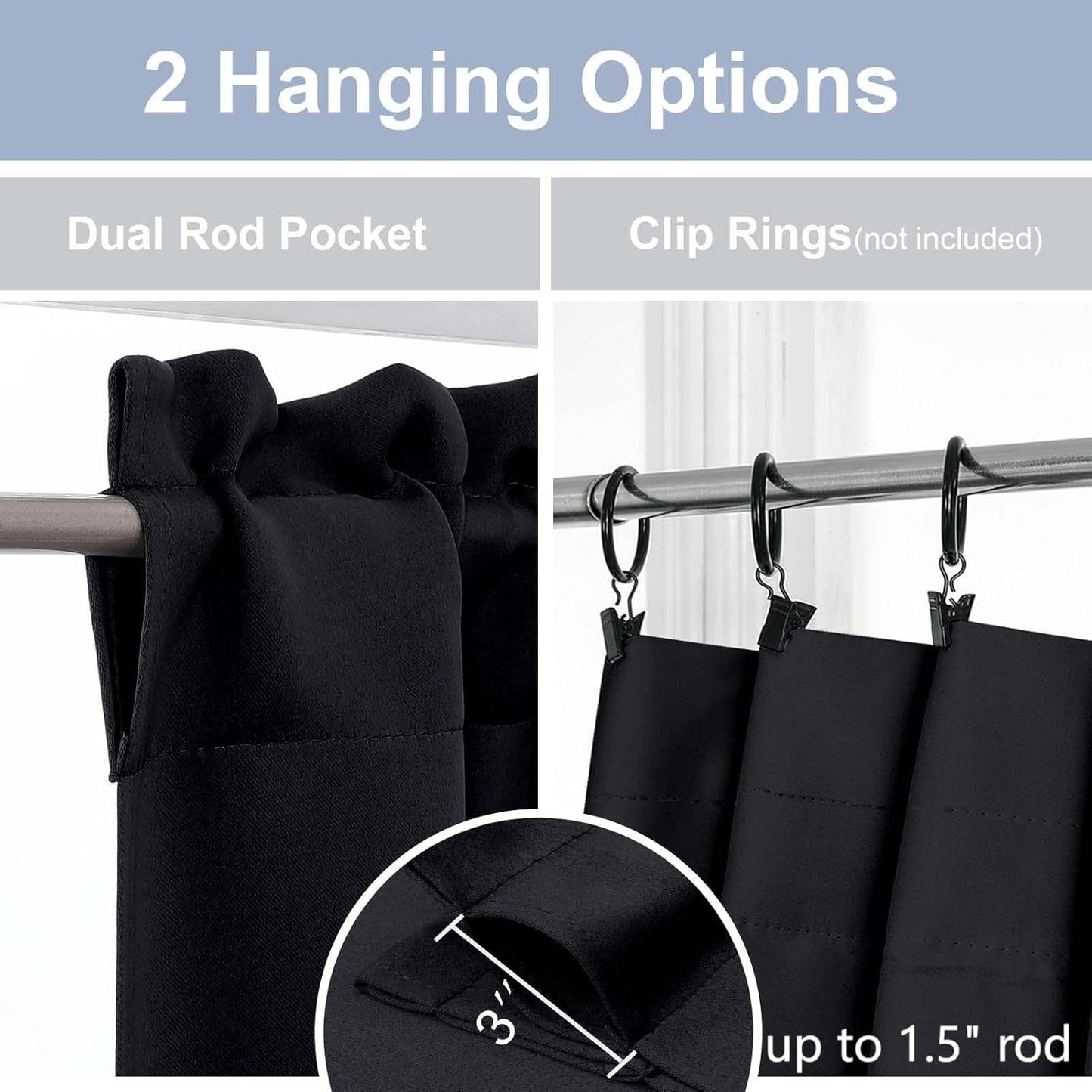 Black Valance for Window, Blackout Small Kitchen Curtain for Bedroom/Living Room, Rod Pocket Privacy Short Window Treatment Valance RV Bunk Panels, 60" Wx14 L