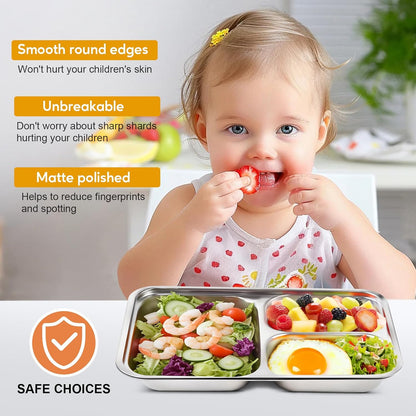 2 Pcs Stainless Steel Kids Plates Set, Toddler Baby Adults Divided Plate, Portion Control Plates for Bariatric & Diabetic Diet, Non Toxic Camping Metal Snack Plate for Eating, Easy to Clean, Silver