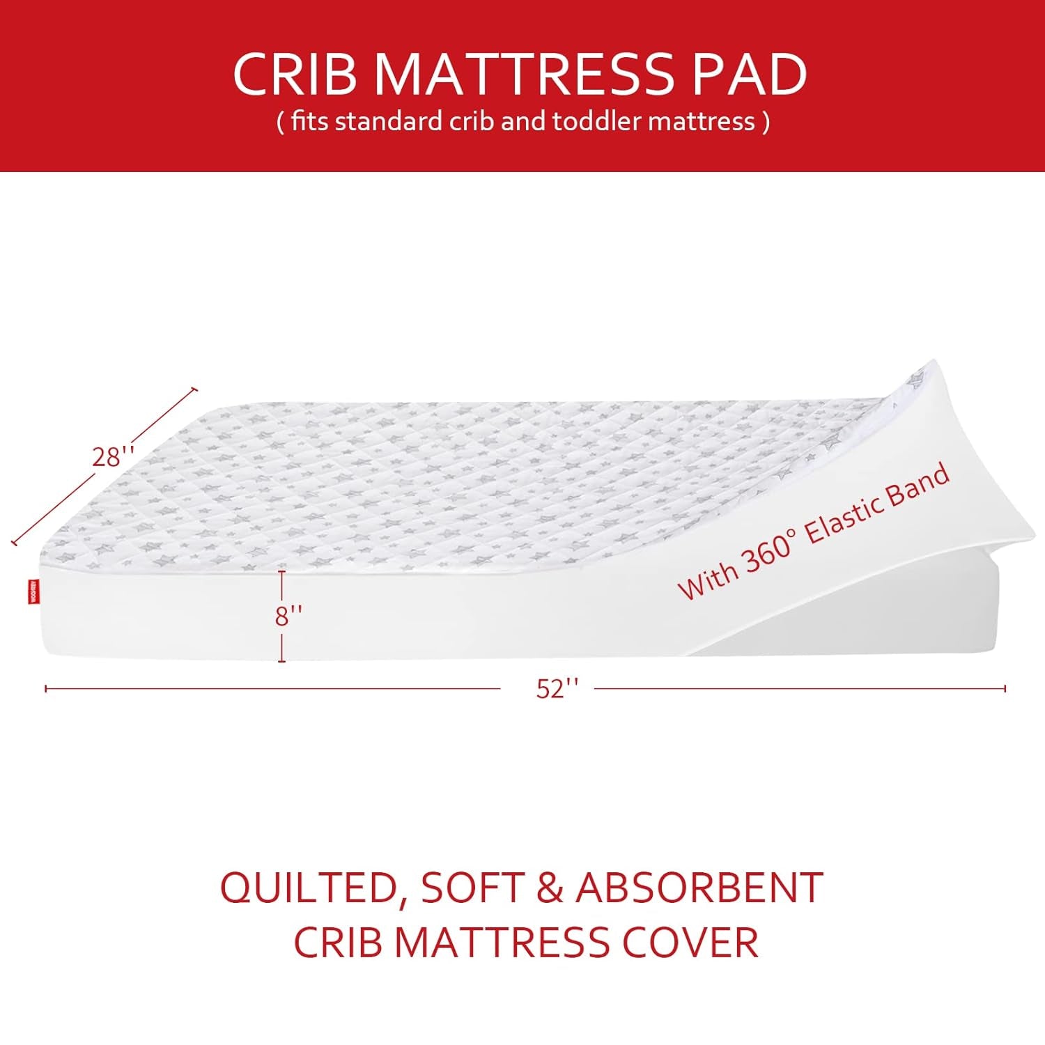 Crib Mattress Protector Waterproof, Quilted Crib Mattress Pad Cover 52" X 28" Extra Soft Breathable Toddler Bed Cover Stretch up to 8", White Star