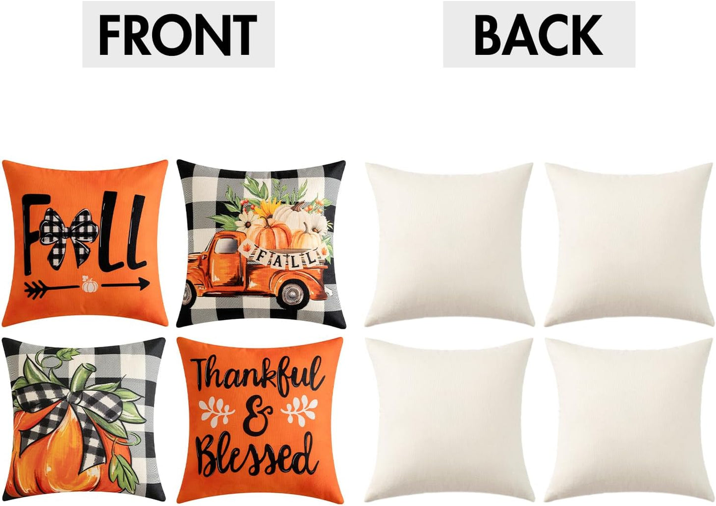 Fall Orange Throw Pillow Covers Buffalo Check Plaid Pumpkin Thanksgiving Harvest Decorations 18X18 Inch Autumn Gather Farmhouse Cushion Cases for Sofa Couch Set of 4