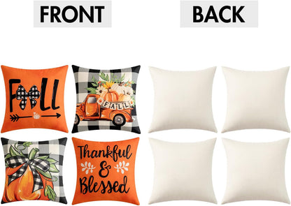 Fall Orange Throw Pillow Covers Buffalo Check Plaid Pumpkin Thanksgiving Harvest Decorations 18X18 Inch Autumn Gather Farmhouse Cushion Cases for Sofa Couch Set of 4