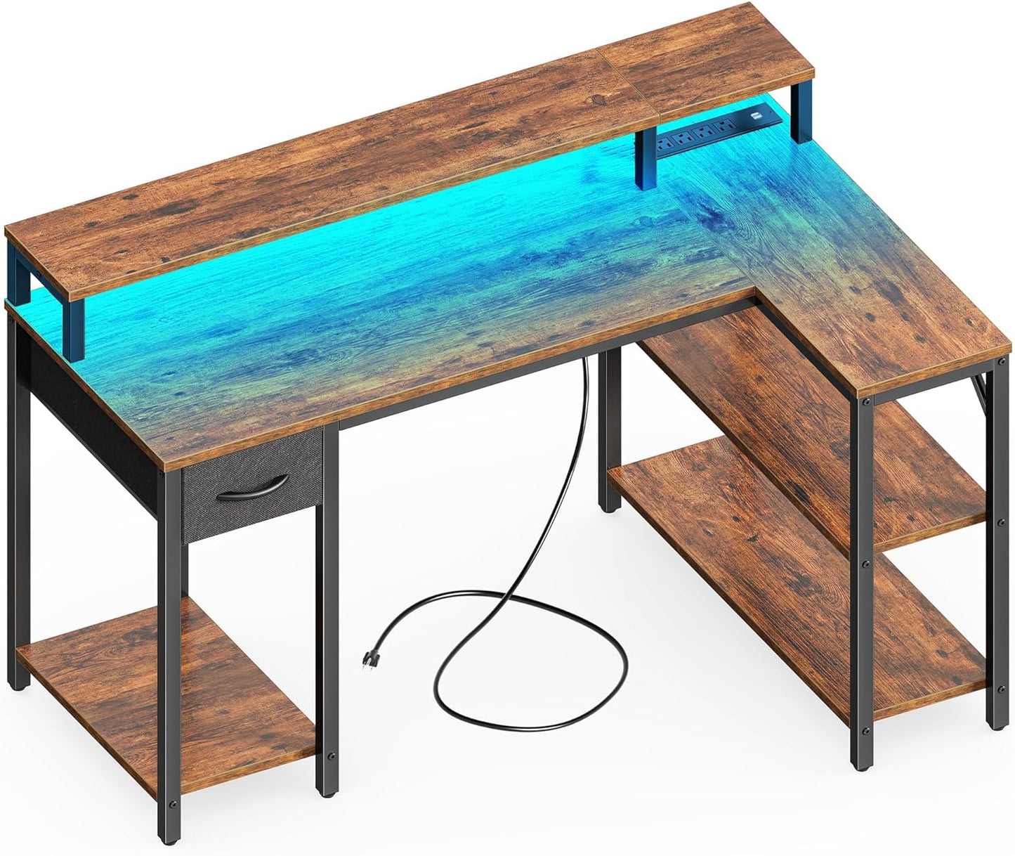 47-Inch Reversible L-Shaped Desk with LED Lighting and Power Outlets, Featuring Shelves, Monitor Stand, Drawer, and Rustic Brown Finish for Home Office and Gaming Use