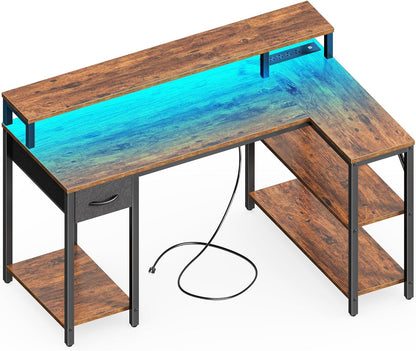 47-Inch Reversible L-Shaped Desk with LED Lighting and Power Outlets, Featuring Shelves, Monitor Stand, Drawer, and Rustic Brown Finish for Home Office and Gaming Use