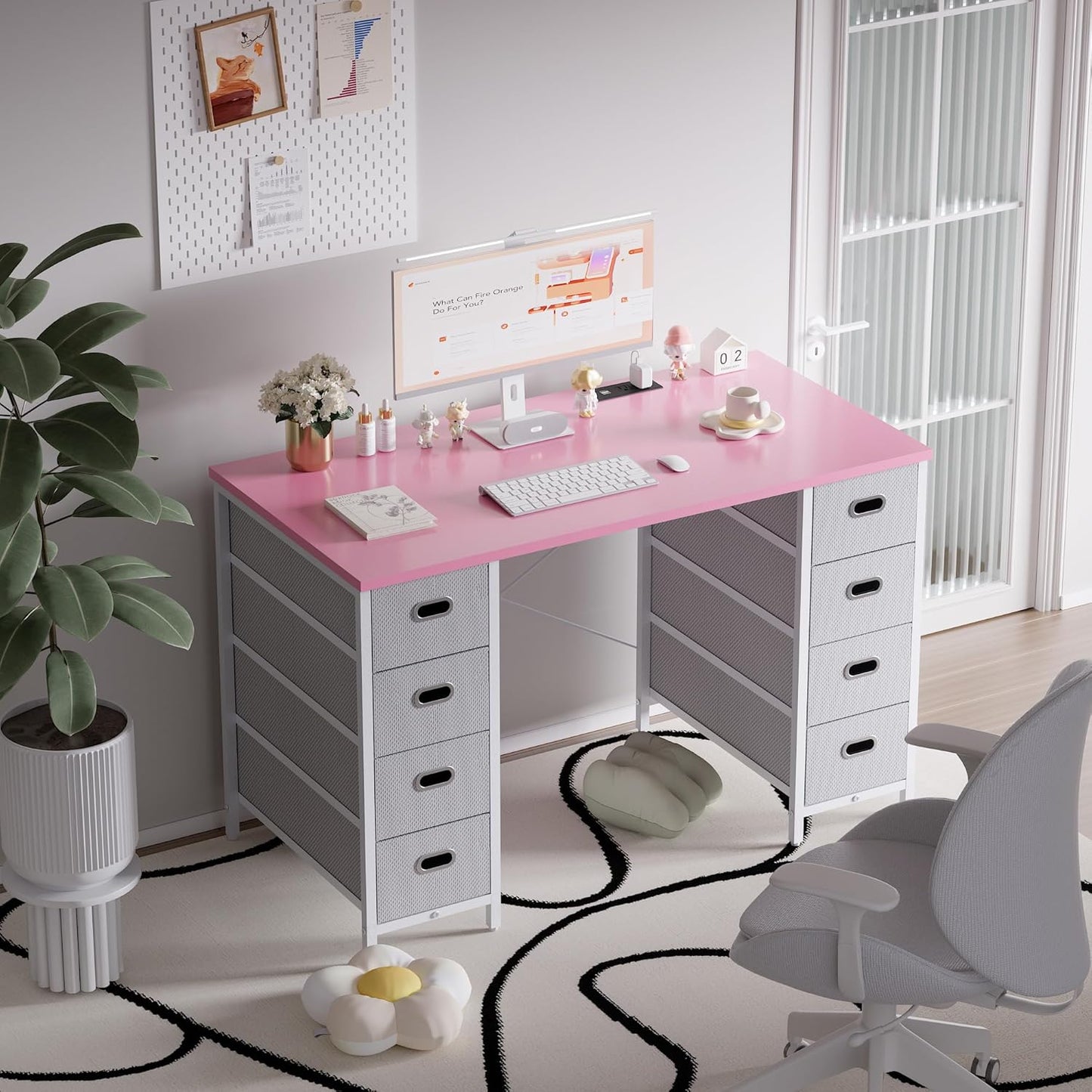 47 Inch Computer Desk with 8 Fabric Drawers and Power Outlet PC Gaming Desk Home Office Study Work Writing Table for Bedroom Pink
