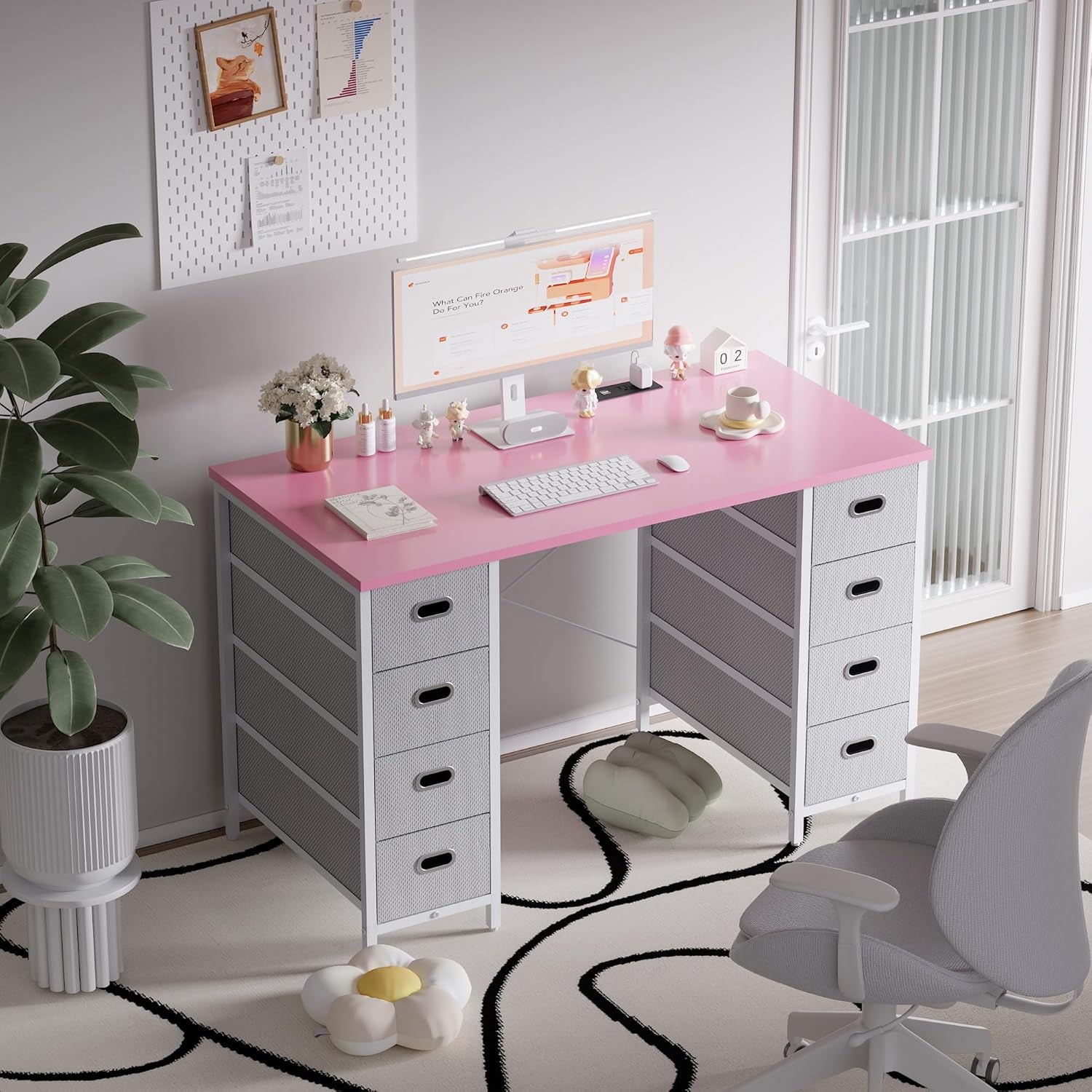 47 Inch Computer Desk with 8 Fabric Drawers and Power Outlet PC Gaming Desk Home Office Study Work Writing Table for Bedroom Pink