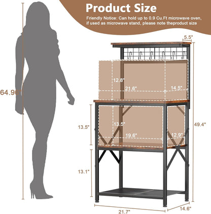 Kitchen Bakers Rack with Hutch, Coffee Bar Station 4 Tiers, Microwave Oven Stand with 6 S Hooks and Pegboard, Kitchen Microwave Rack for Spice Organizer Workstation, Rustic Brown