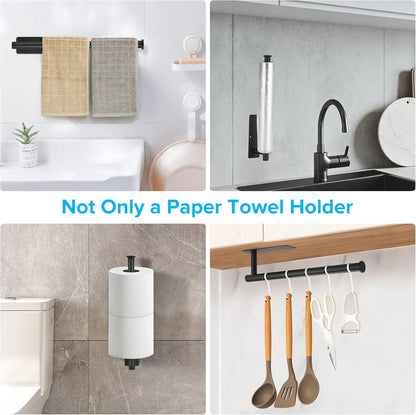 Paper Towel Holder under Cabinet Wall Mounted,  Self Adhesive or Drilling Paper Towel Holder for Kitchen RV, SUS304 Stainless Steel Paper Towel Roll Rack (Black+Silver)