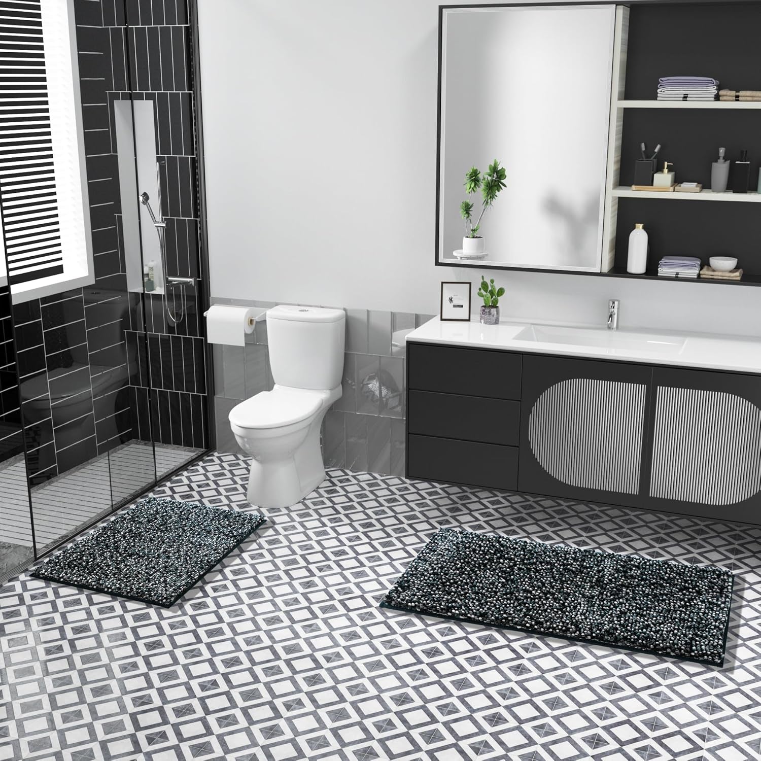 Bath Mats for Bathroom Non Slip, 28X17.5, Extra Soft Chenille Bathroom Rugs, Fluffy Plush Luxury Shower Mat Outside, Water Absorbent, Machine Washable, Black & Dark Gray