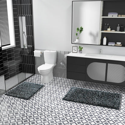 Bath Mats for Bathroom Non Slip, 28X17.5, Extra Soft Chenille Bathroom Rugs, Fluffy Plush Luxury Shower Mat Outside, Water Absorbent, Machine Washable, Black & Dark Gray