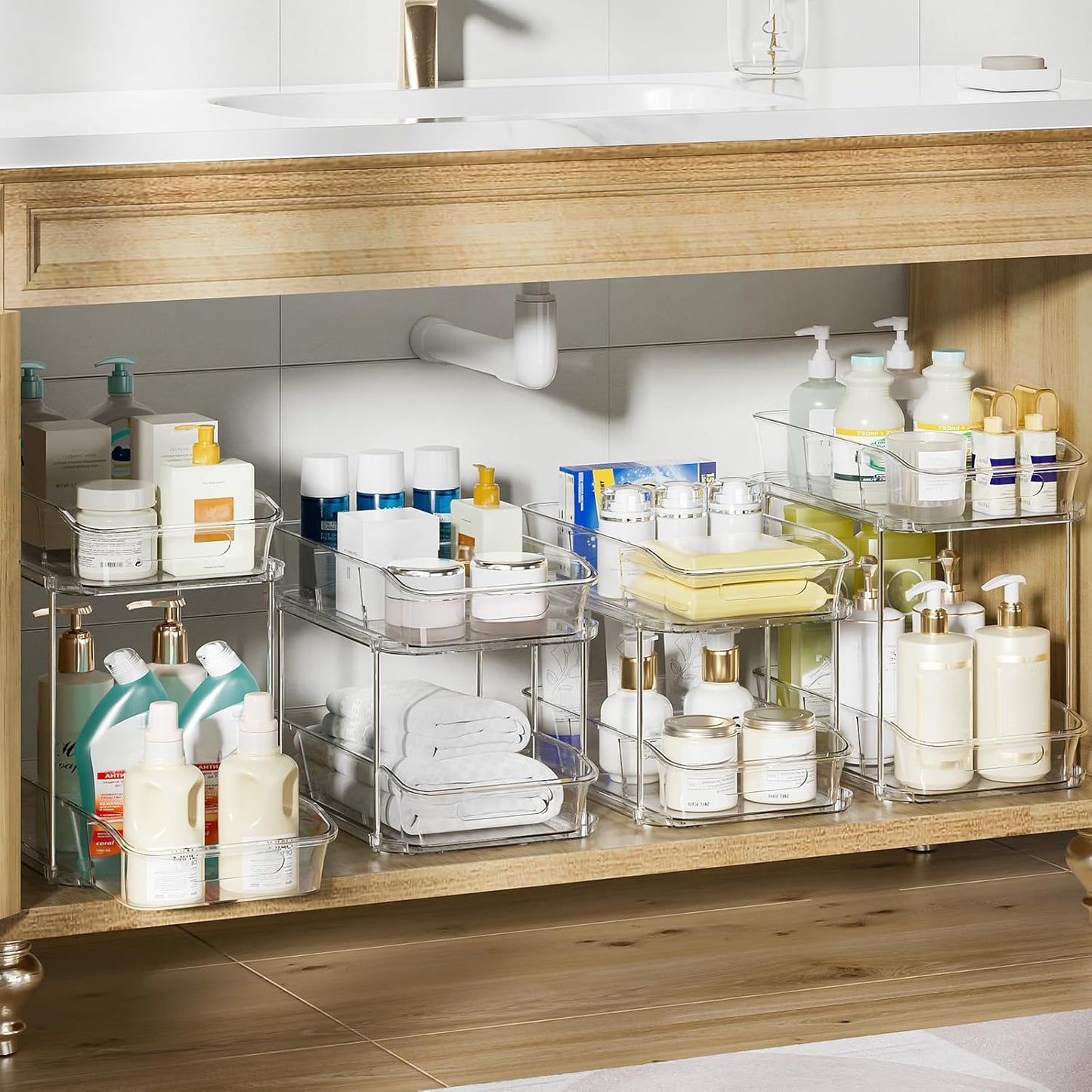 4 Pack Bathroom Organizers and Storage, 2 Tier Clear under Sink Organizer, Pull Out Medicine Cabinet Organizer