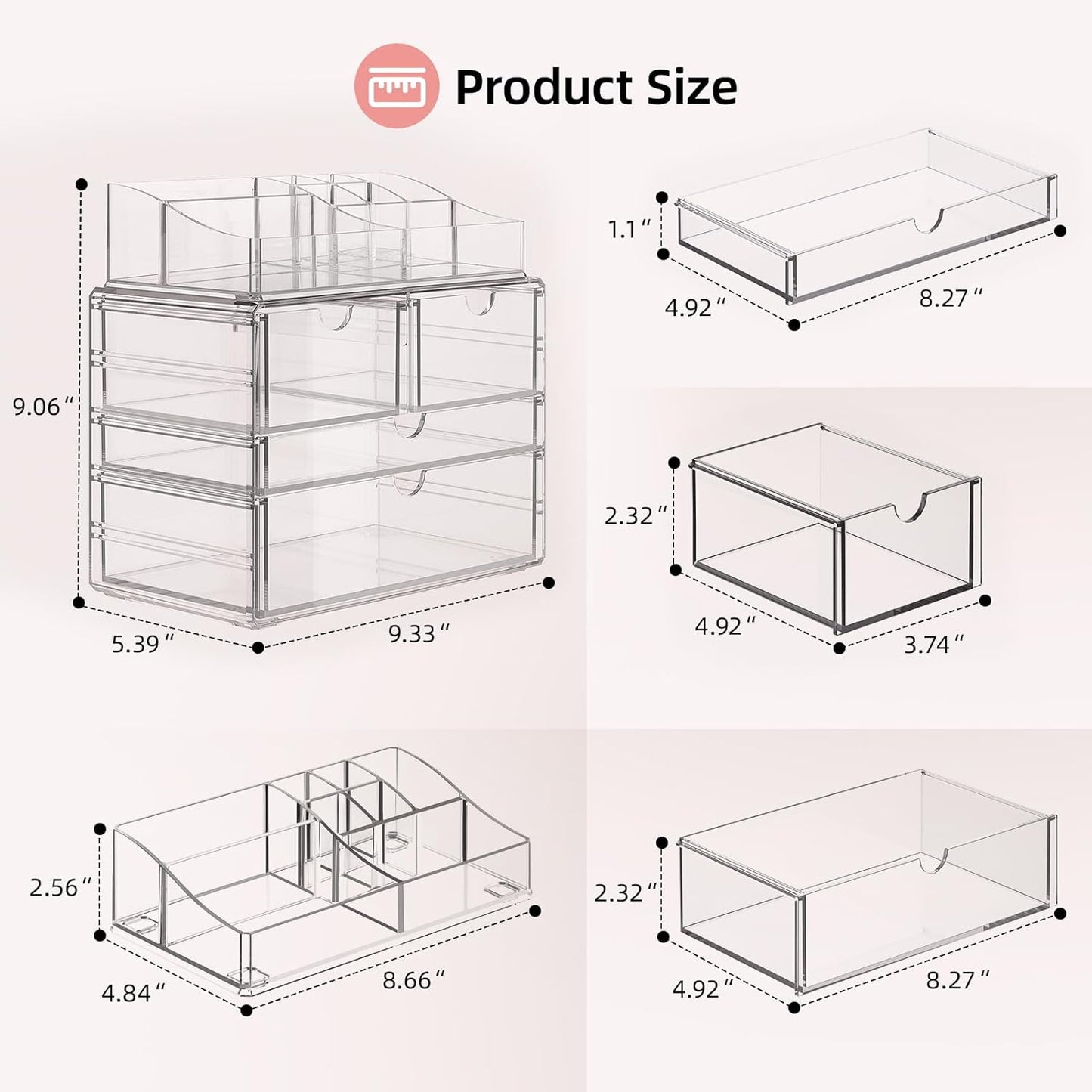 4-Tier Clear Makeup Organizer with Drawer, Acrylic Cosmetic Display Case for Makeup Vanity Bathroom Counter Organizers and Storage, Stackable Vanity Organizer for Brushes Lipsticks Skincare