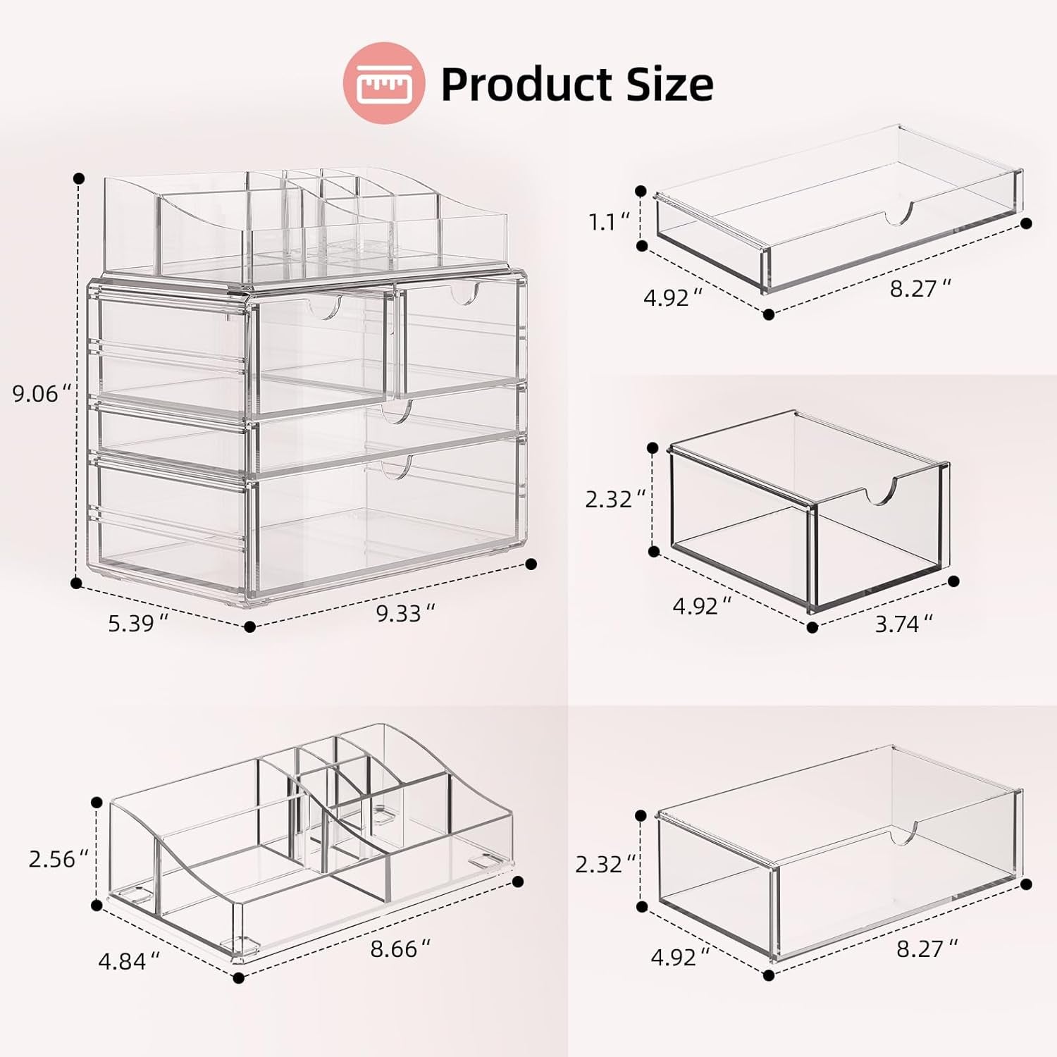 4-Tier Clear Makeup Organizer with Drawer, Acrylic Cosmetic Display Case for Makeup Vanity Bathroom Counter Organizers and Storage, Stackable Vanity Organizer for Brushes Lipsticks Skincare