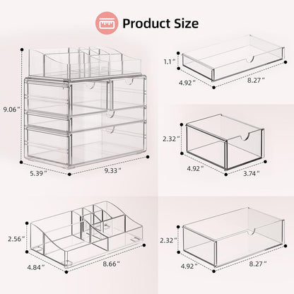 4-Tier Clear Makeup Organizer with Drawer, Acrylic Cosmetic Display Case for Makeup Vanity Bathroom Counter Organizers and Storage, Stackable Vanity Organizer for Brushes Lipsticks Skincare
