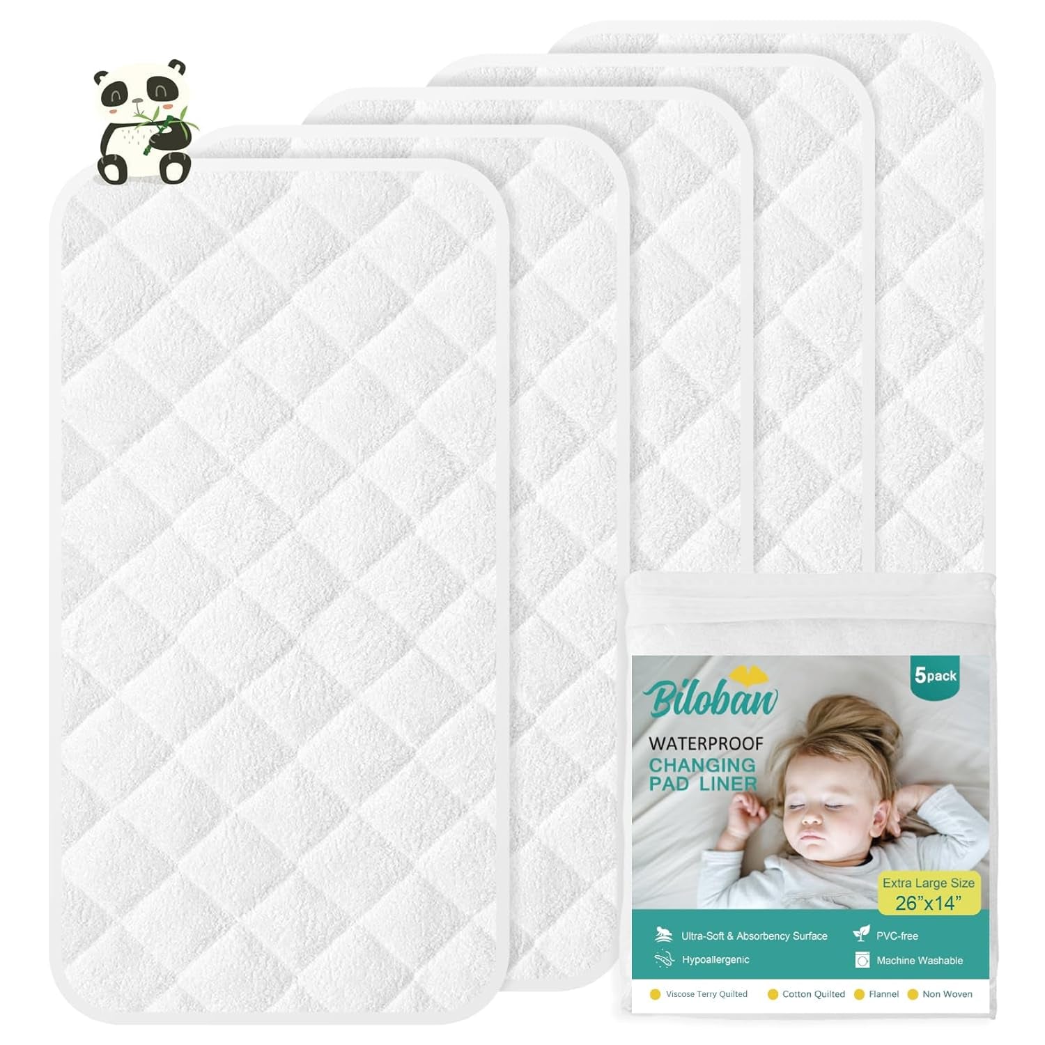 Changing Pad Liner - 5 Pack (Improved Thickness) 14" X 26" Superior Viscose Terry Surface, Waterproof & Absorbent Diaper Changing Pad Liners