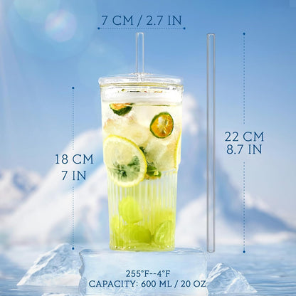 20Oz Glass Cups with Lids and Straws, 2 Pack High Borosilicate Iced Coffee Cups Drinking Glasses Tumbler for Smoothie, Water, Tea, Juice Drinks, Clear