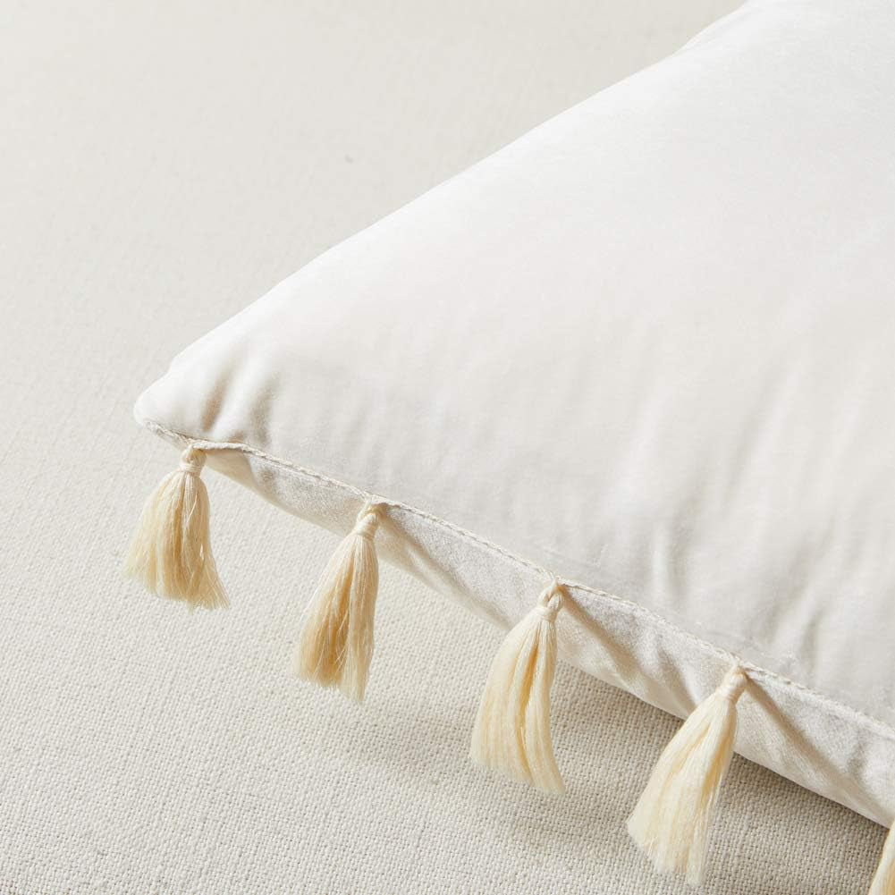 Pack of 2 Boho Decorative Throw Pillow Covers with Handmade Tassels, Soft Velvet Accent Solid Square Cushion Case Set for Couch Sofa Bedroom Car Living Room (16X16 Inch/40X40 Cm, Cream)