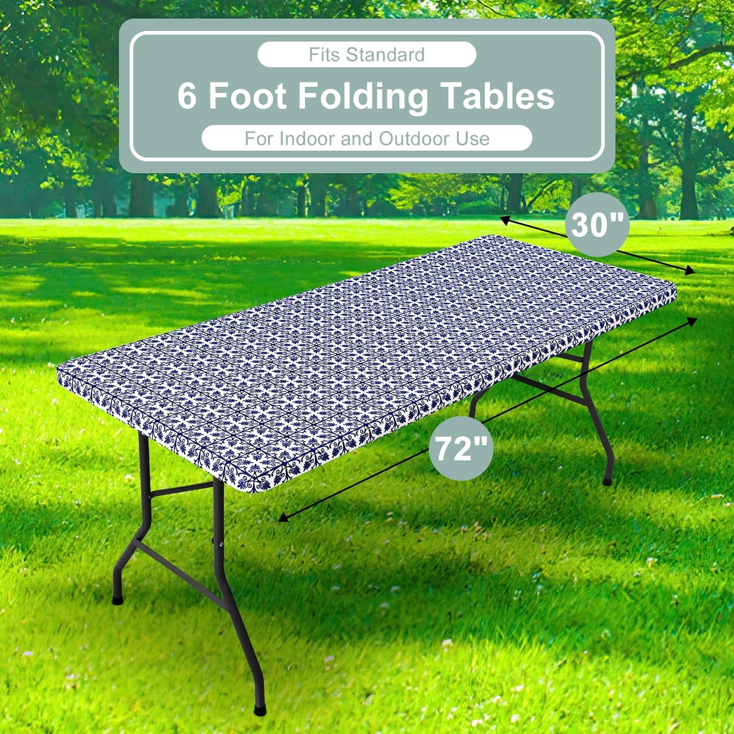 2 Pack 6 Foot Rectangle Picnic Tablecloth, Elastic Fitted Waterproof Table Cover, Windproof Washable Polyester Table Cloth for Camping, Indoor and Outdoor (Navy, 30" X 72")