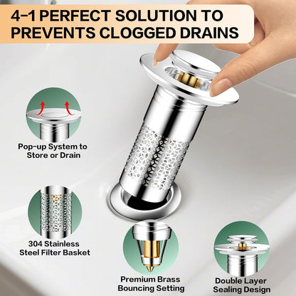 Universal Bathroom Sink Drain Strainer Set - Removable 304 Stainless Steel Filter Basket and Hair Catcher Plug for 1.1"-1.45" Drain Openings, 2 Pack