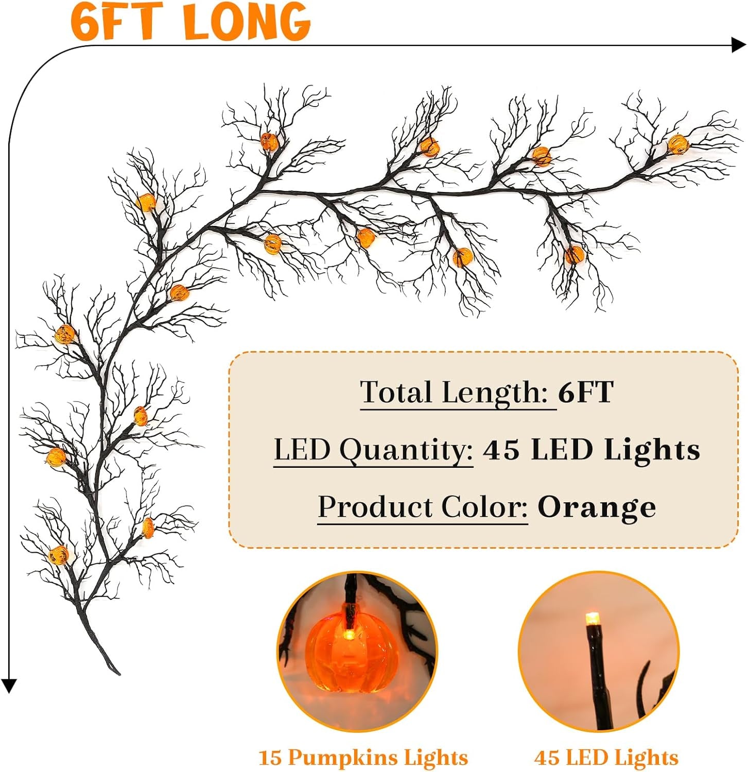Halloween Garland with Lights Decorations with Pumpkin Lights,Battery Operated 6FT 47 LED Halloween Willow Vine Twig Garland for Mantle,Wall,Fireplace and Halloween Decorations