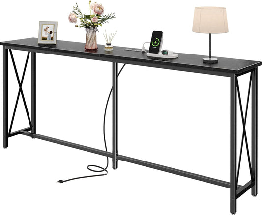 70-Inch Console Table with Outlets and USB-C Port, Extra Long X-Shaped Design for Entryway and Living Room, Metal Frame with Wooden Top, Black Finish