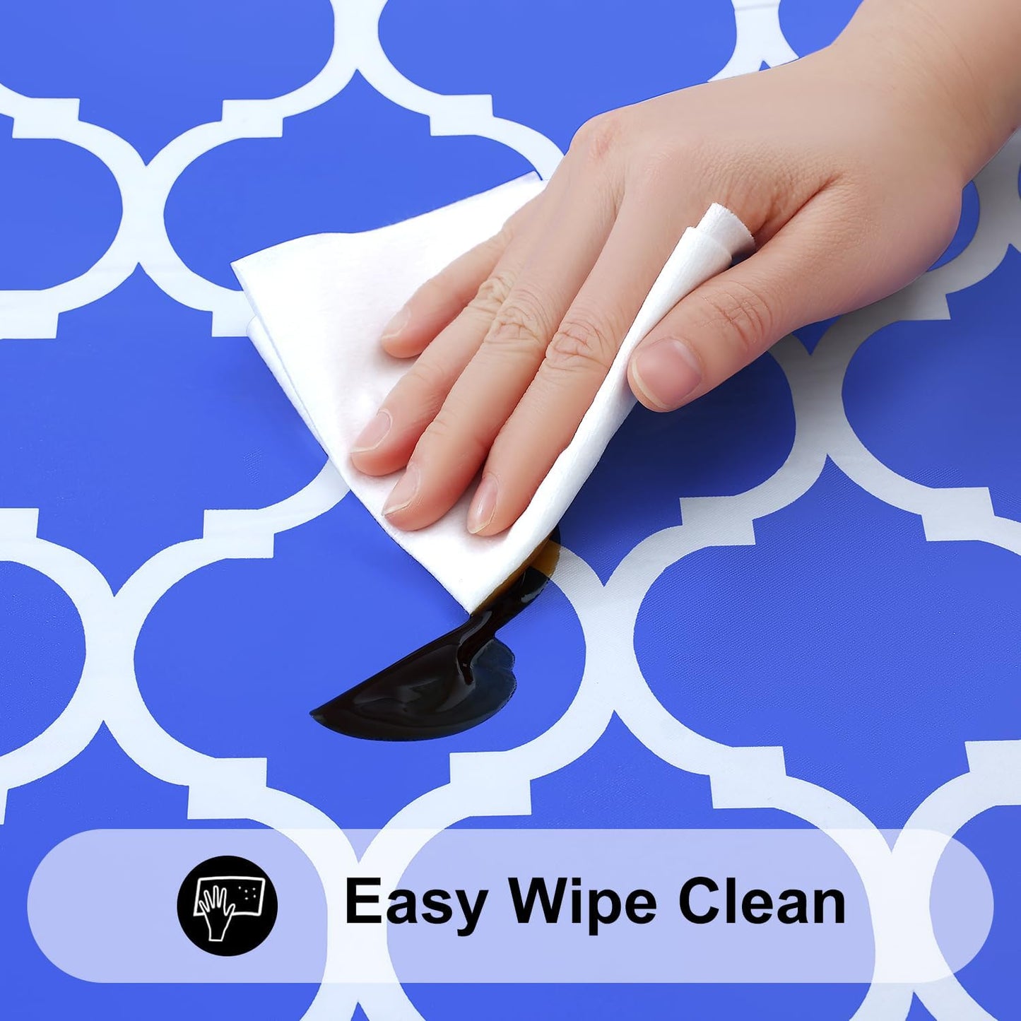 round Picnic Tablecloth, Waterproof Elastic Fitted Table Covers for 36" - 44" Tables, Wipeable Flannel Backed Vinyl Tablecloths for Camping, Indoor, Outdoor, Blue & White