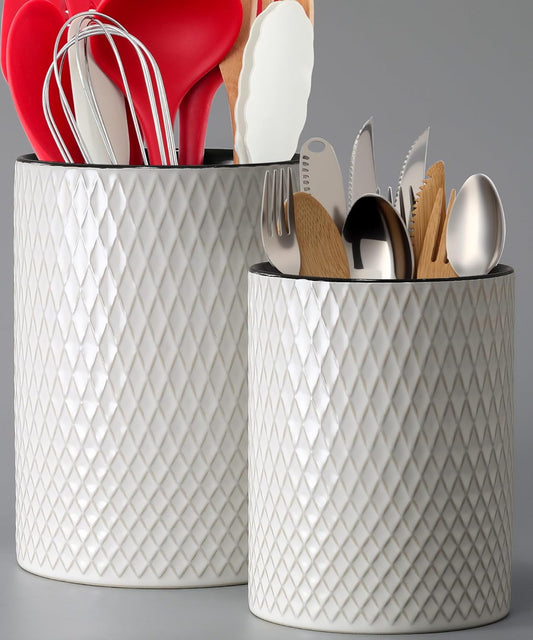 Utensil Holder 7.5+6In, Extra Large Stable Ceramic Embossed Dishwasher Safe Kitchen Utensils Holder, Ideal for Counter, Cooking Spatula Crock Organizer, Set of 2 (White Diamond Check)