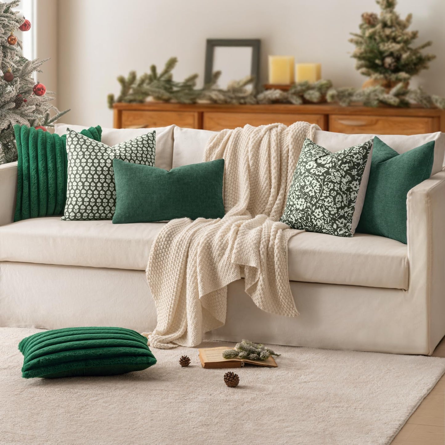 Dark Green Couch Pillow Covers 18X18 Inch, Set of 2 Soft Chenille Decorative Square Throw Pillow Covers Christmas Farmhouse for Sofa Living Room Bed