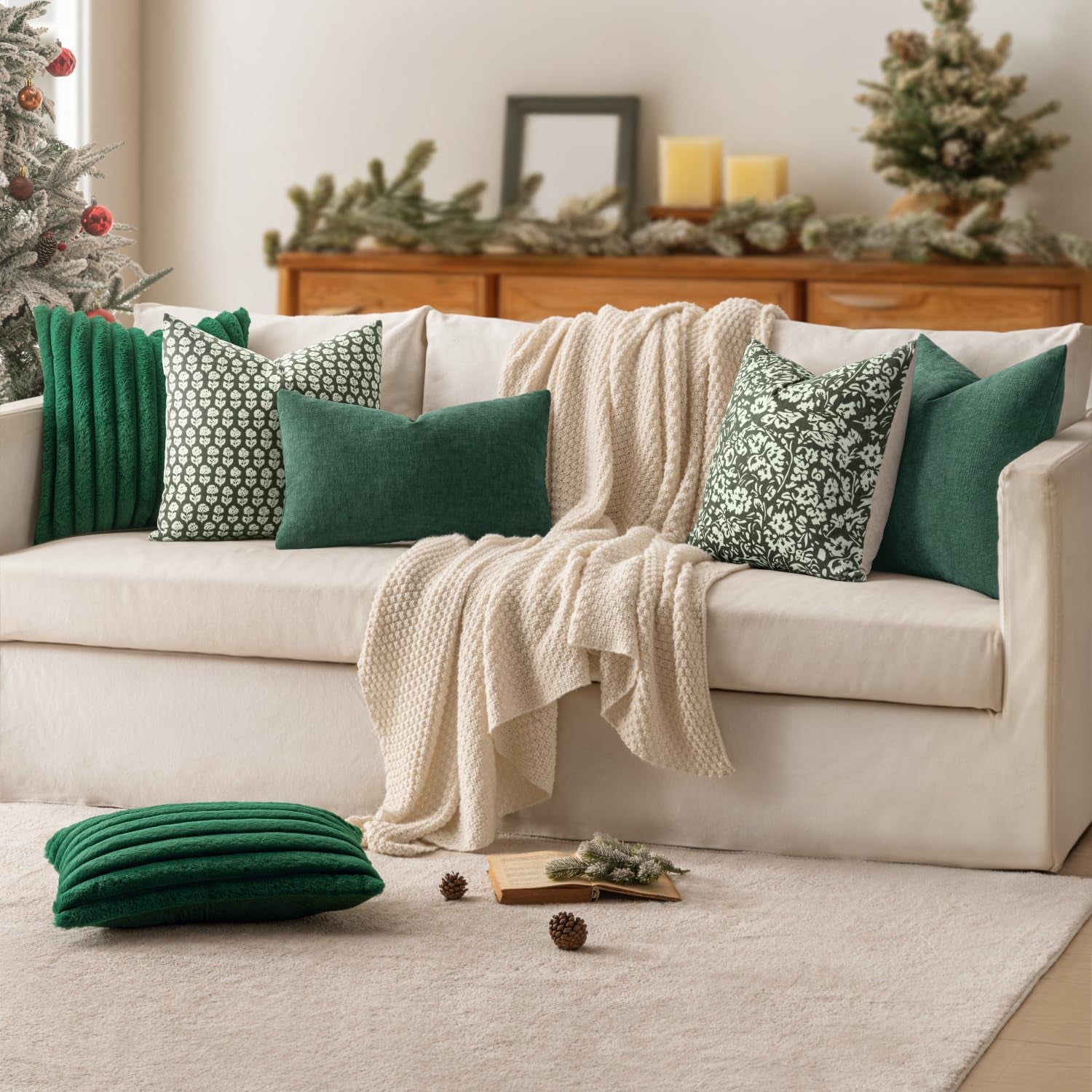 Dark Green Couch Pillow Covers 18X18 Inch, Set of 2 Soft Chenille Decorative Square Throw Pillow Covers Christmas Farmhouse for Sofa Living Room Bed