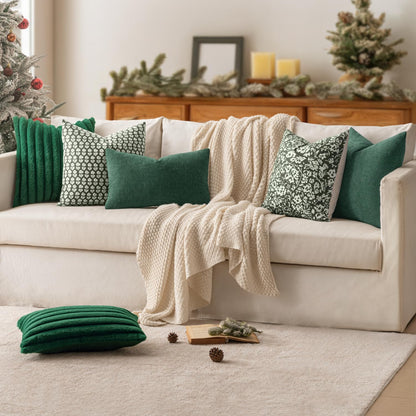 Dark Green Couch Pillow Covers 18X18 Inch, Set of 2 Soft Chenille Decorative Square Throw Pillow Covers Christmas Farmhouse for Sofa Living Room Bed