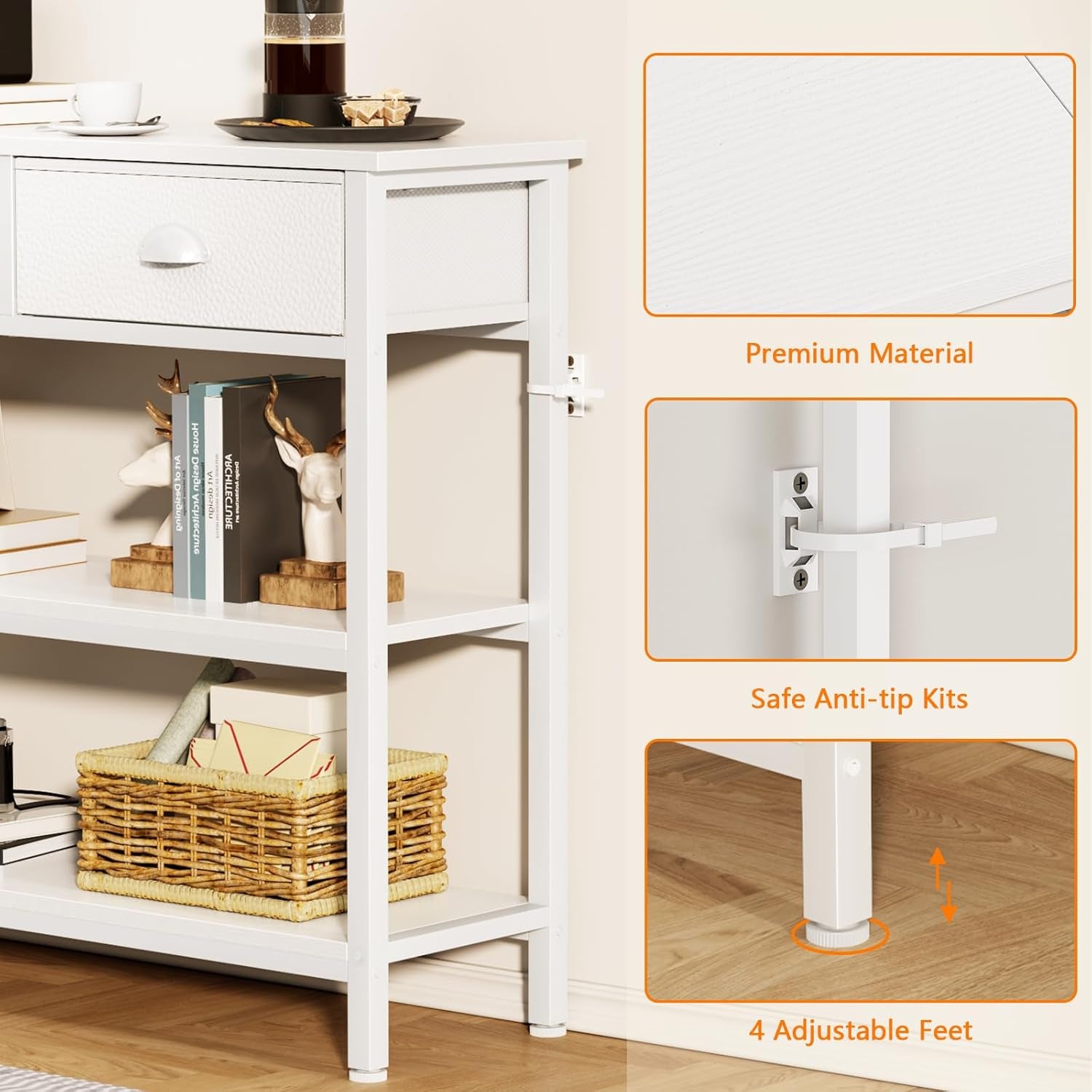 White Long 47" Console Sofa Table with 3 Drawers, Entryway Table with 3-Tier Storage Shelves, Display Shelf for Entry Way, Hallway, Couch, Living Room, Kitchen, Foyer