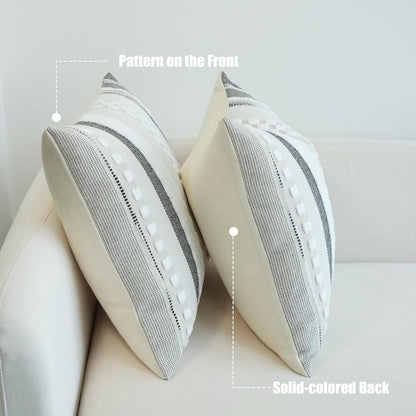 Pack of 2 Boho Throw Pillow Covers Accent Striped Pillowcovers Farmhouse Decorative Cushion Case Home Decor 18 X 18 Inch White