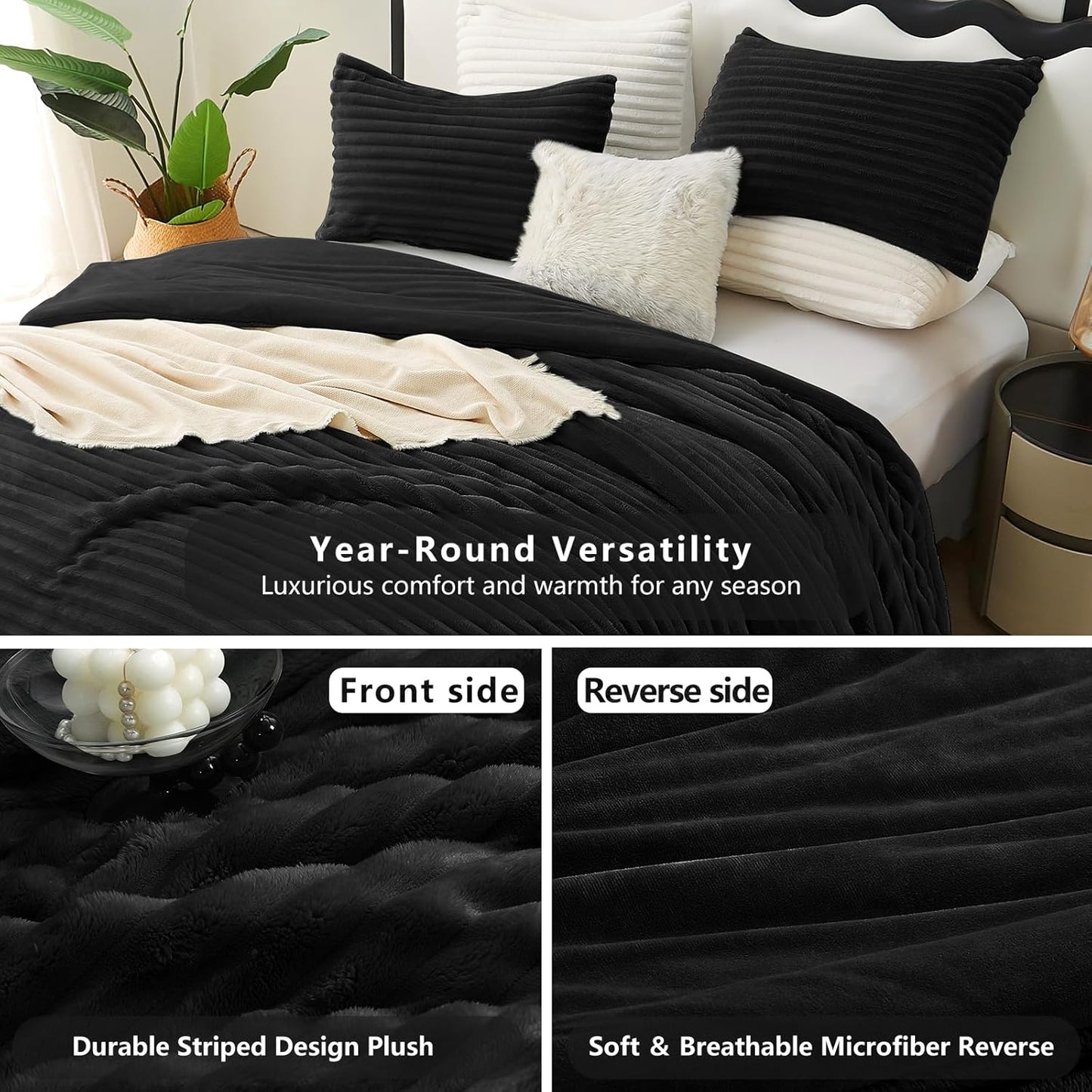 Fluffy Queen Comforter Set - Super Soft Faux Fur Black Comforter Queen Size, Winter Warm Fleece Bedding Set, 3 Pieces Plush Fuzzy Bed Set (1 Shaggy Comforter, 2 Pillowcases)