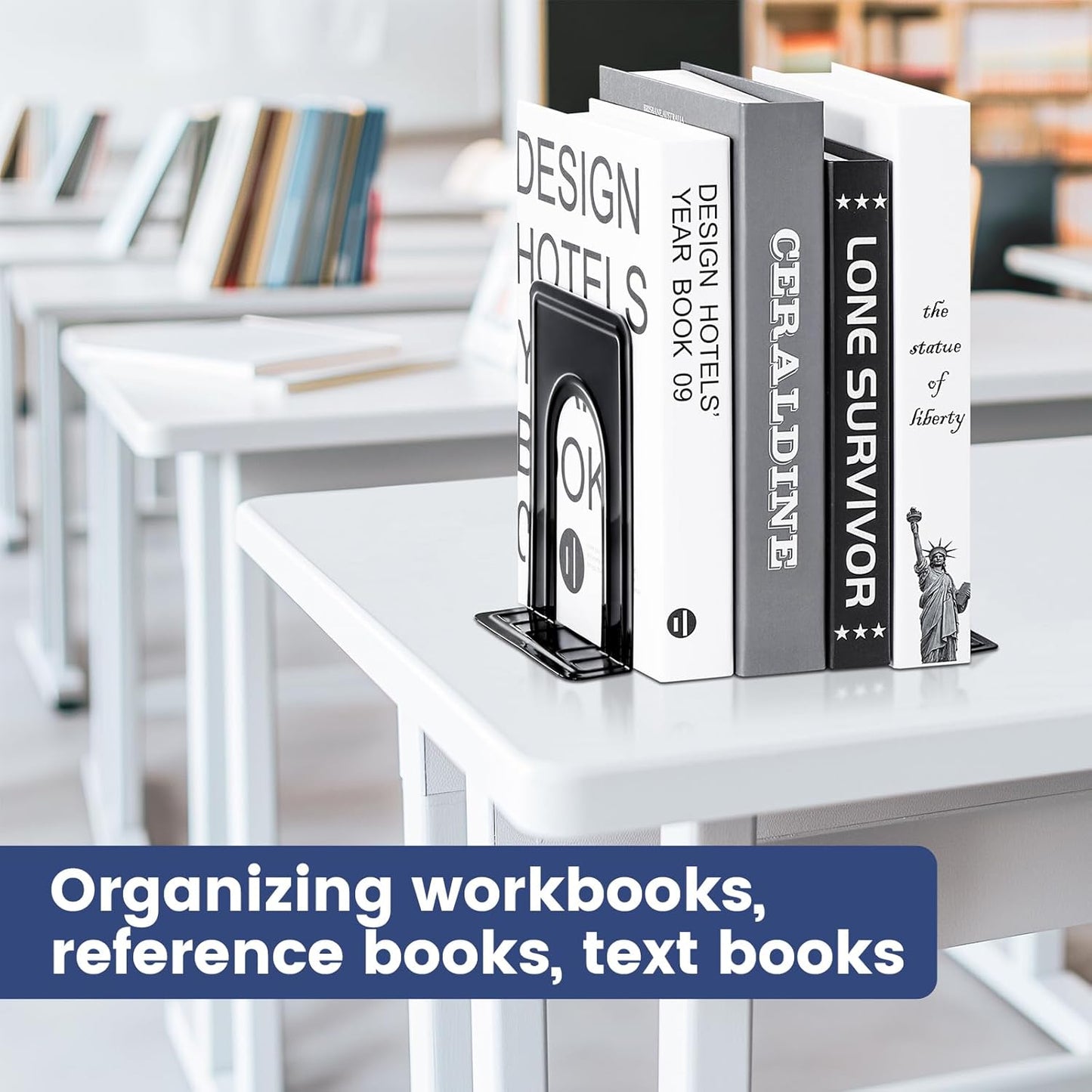 Book Ends, Non-Skid Metal Bookend Supports for Shelves, Heavy Duty Book End, Office Book Stopper, 6 X 5 X 6 Inches, 14 Pieces / 7 Pairs (Black)