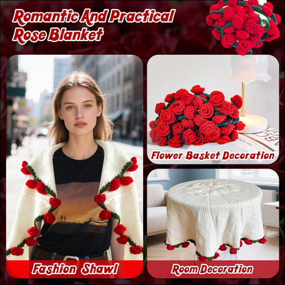 Finished Flower Bouquet Blanket, Handmade Crochet Flower Blanket, Soft Knitted Throw Rose Blankets, Romantic Gift for Birthday Wedding Valentine’S Day Mother'S Day Christmas (Rose, 31 Inch)