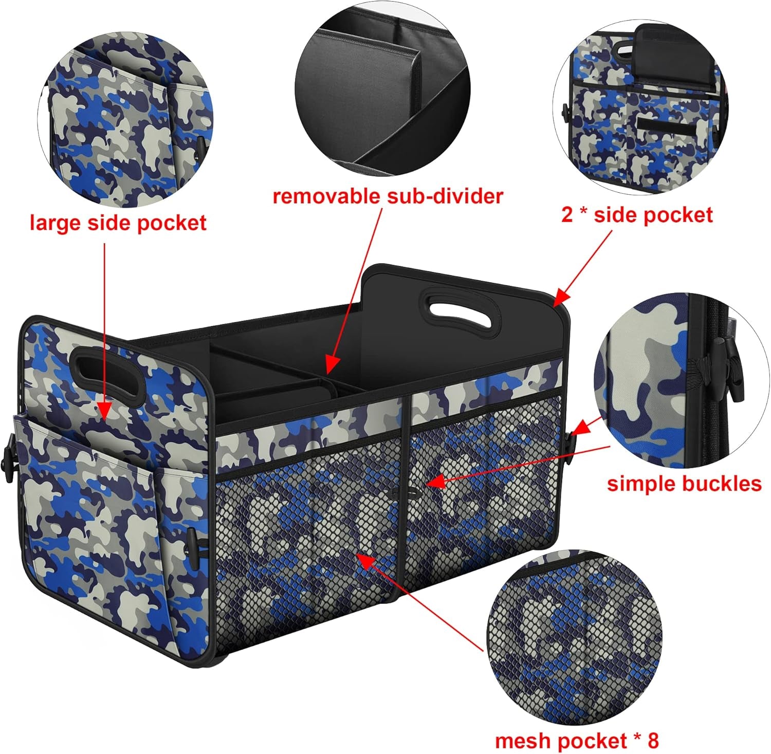 Car Trunk Organizer with 72L Large Capacity Waterproof Collapsible and 11 Pockets, Trunk Organizer for Car Suv/Jeep/Sedan, Large Size, Blue Camouflage