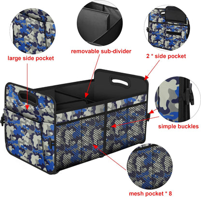 Car Trunk Organizer with 72L Large Capacity Waterproof Collapsible and 11 Pockets, Trunk Organizer for Car Suv/Jeep/Sedan, Large Size, Blue Camouflage