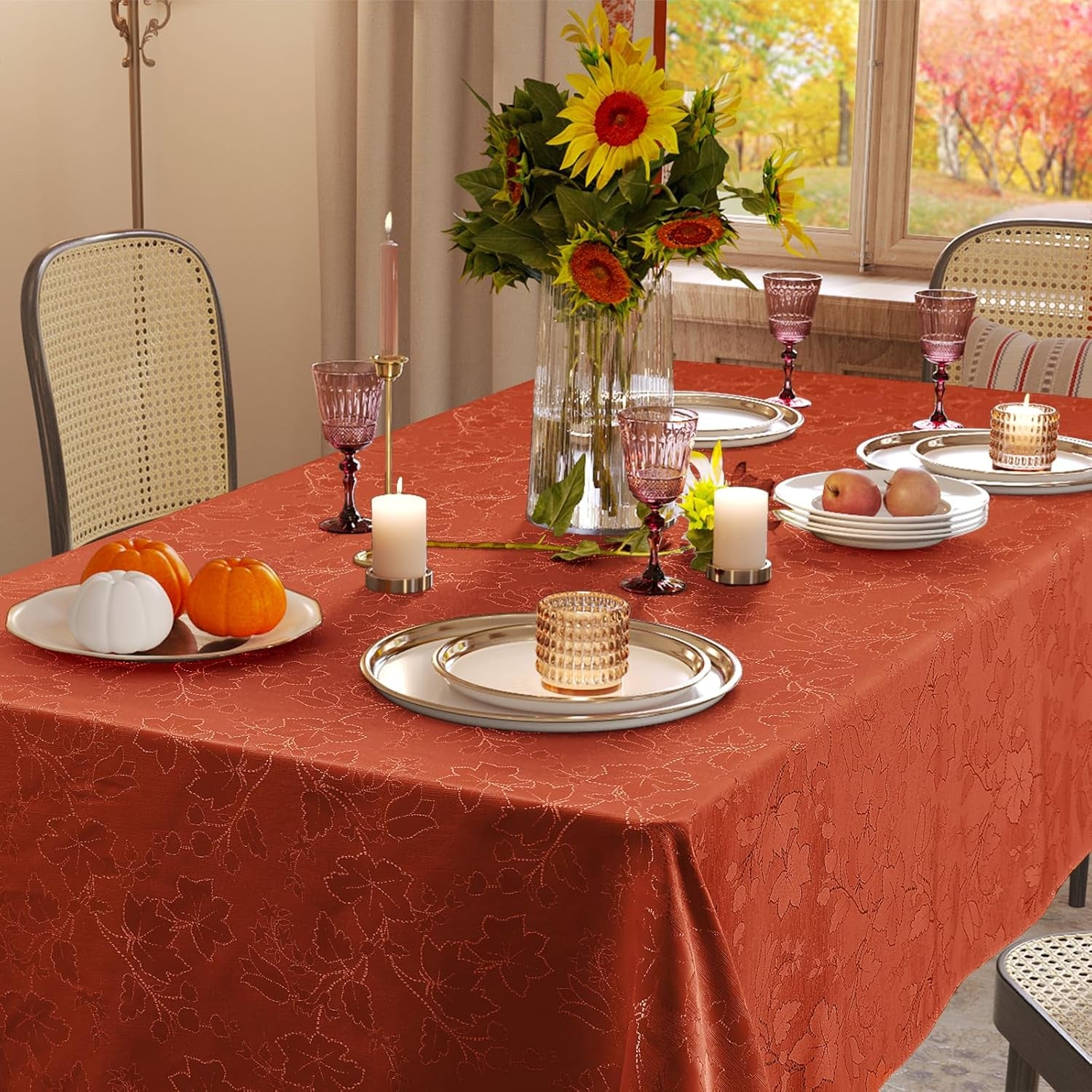 Rectangle Thanksgiving Tablecloth, Waterproof Jacquard Fall Table Cloth, Damask Cloth Table Cover for Harvest Decor (60" X 84", Rust Maple Leaf)