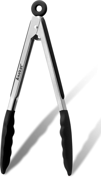 Non-Stick Silicone Locking Tong - Stainless Steel 7" Mini Kitchen Food Tongs with Non-Slip Silicone Tips and Grip for Cooking, Baking and BBQ - Heat Resistant up to 480°F (Black)