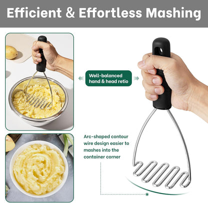 Stainless Steel Wire Potato Masher, Heavy Duty Sturdy Easy Grip Masher Kitchen Tools with Non-Slip Soft Rubber Handle, Effortless Mashing Tool for Potatoes, Avocados, Dishwasher Safe, Rustproof