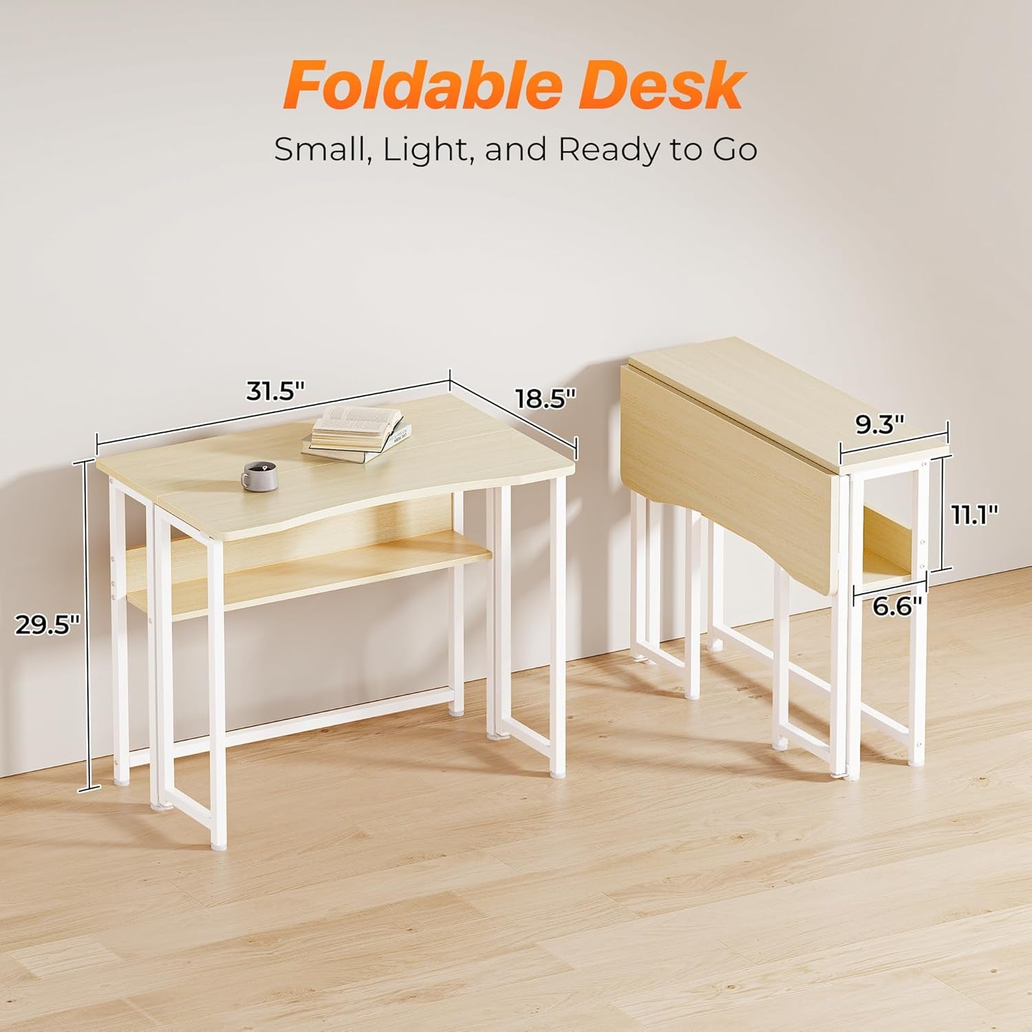 Folding Desk with Storage Shelf - 31.5 Inch Compact Computer Table for Small Spaces, Space-Saving Sofa Table, Writing and Office Use, Easy to Fold, Oak Finish