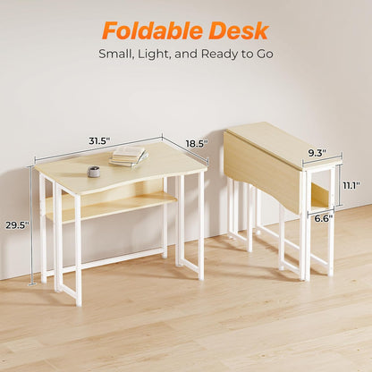 Folding Desk with Storage Shelf - 31.5 Inch Compact Computer Table for Small Spaces, Space-Saving Sofa Table, Writing and Office Use, Easy to Fold, Oak Finish