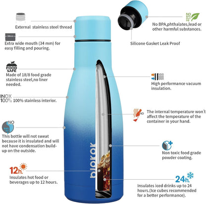 12Oz Water Bottles Stainless Steel Double Wall Vacuum Insulated Small Water Bottles for Travel,Sky